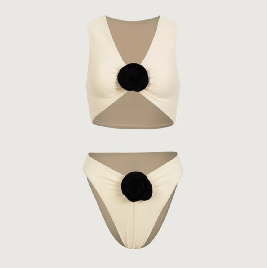 beige two-piece set with black floral detail, party outfit