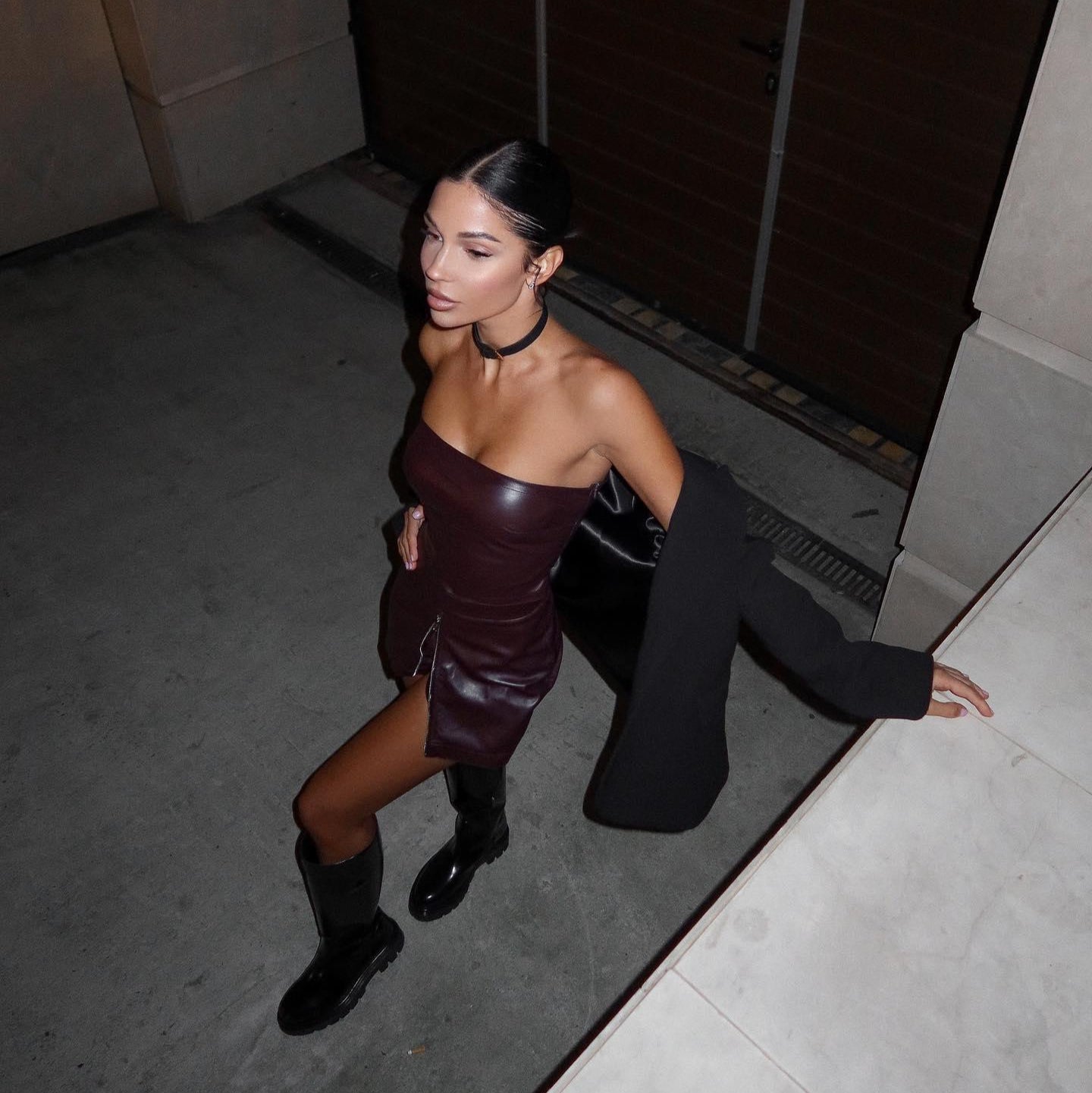 strapless leather mini dress with side slit, night-out style