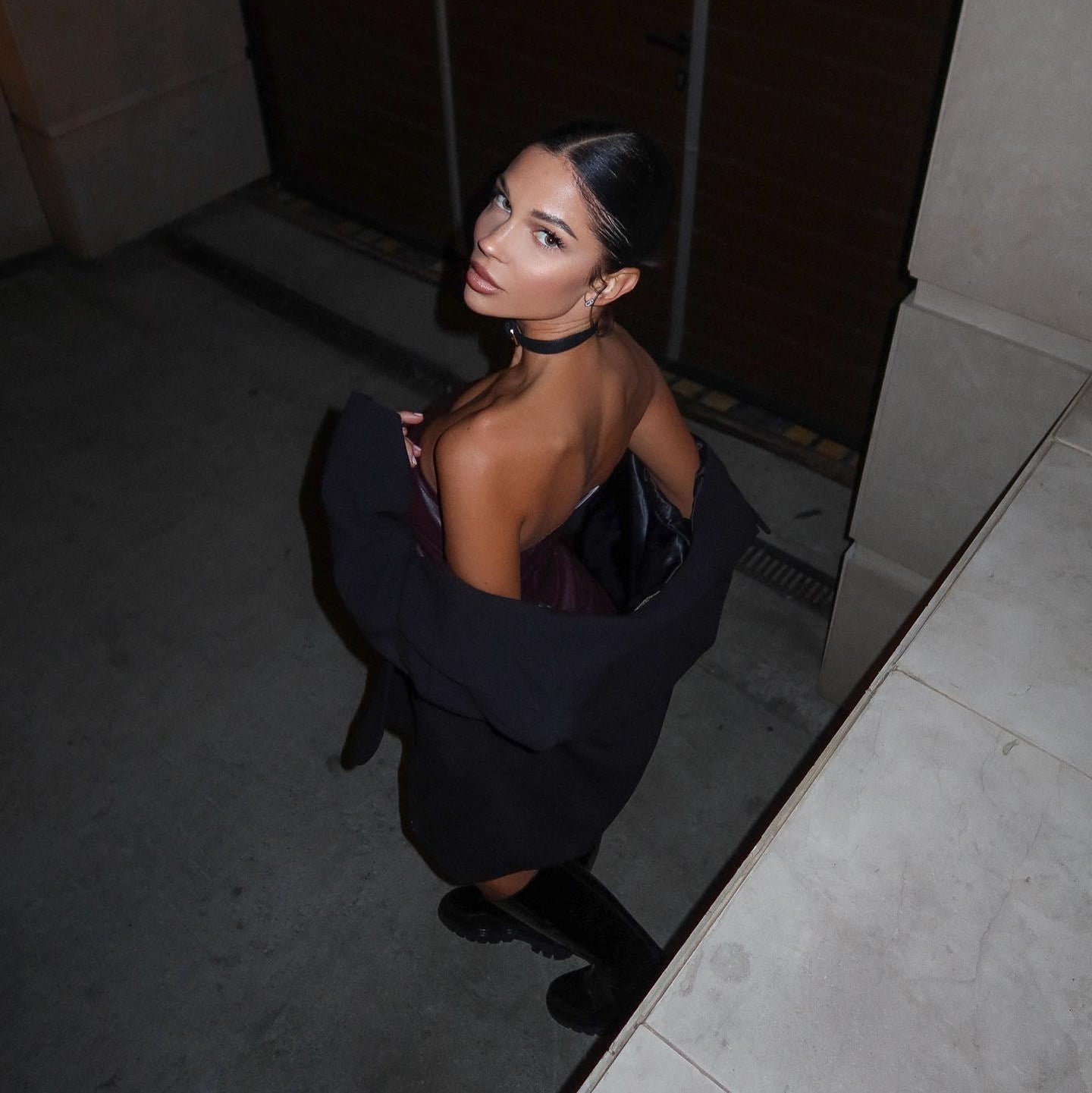 strapless dress with black jacket, night-out style