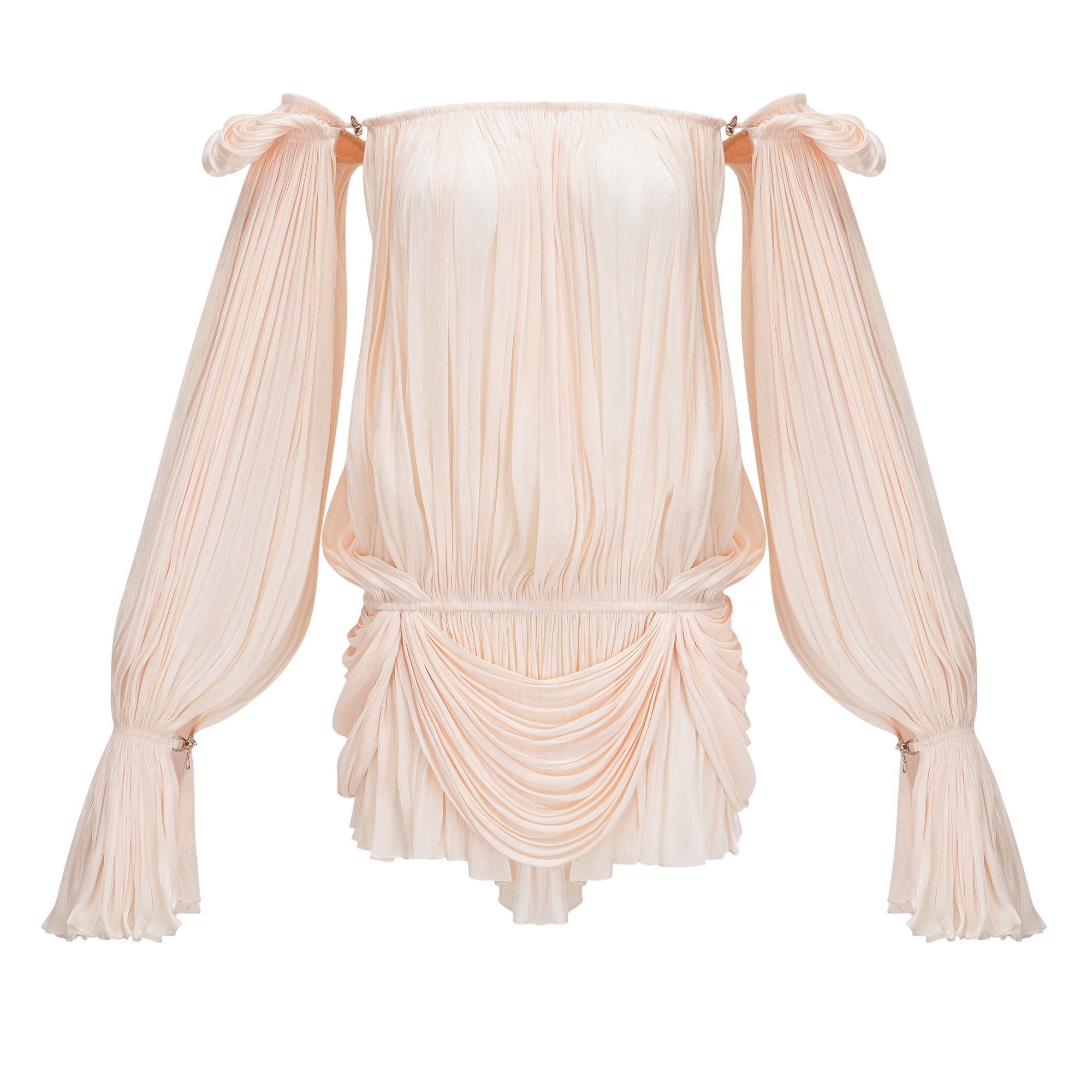 White pleated top with long sleeves on a white background