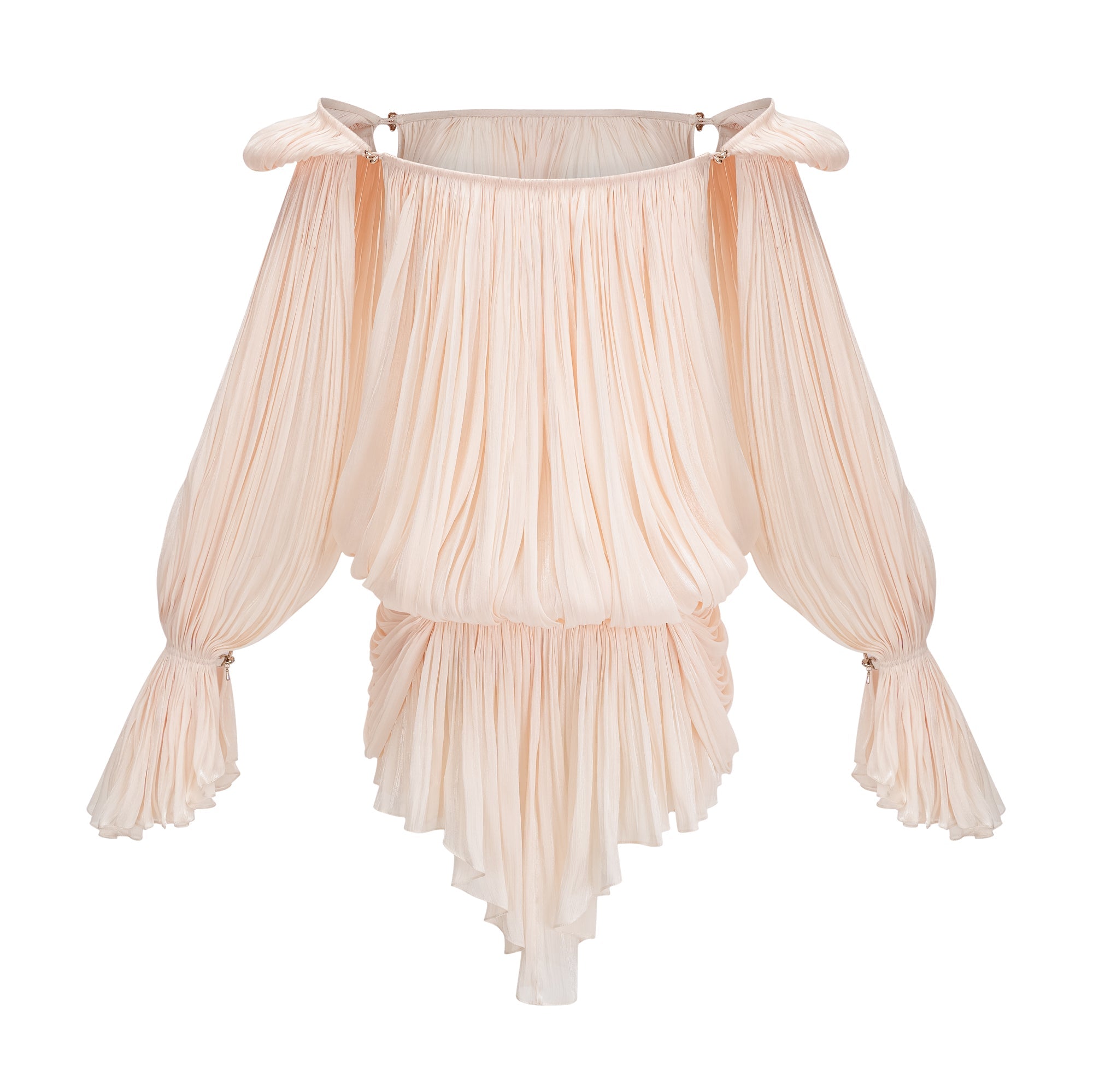 Beige off-shoulder top with flowing sleeves on a white background