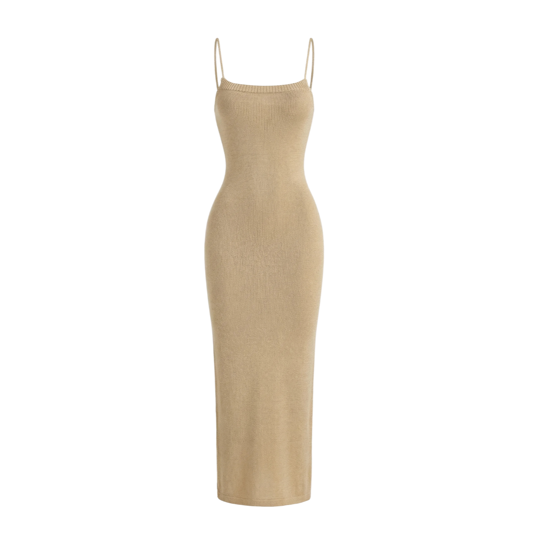 Beige slip dress with thin straps on a white background