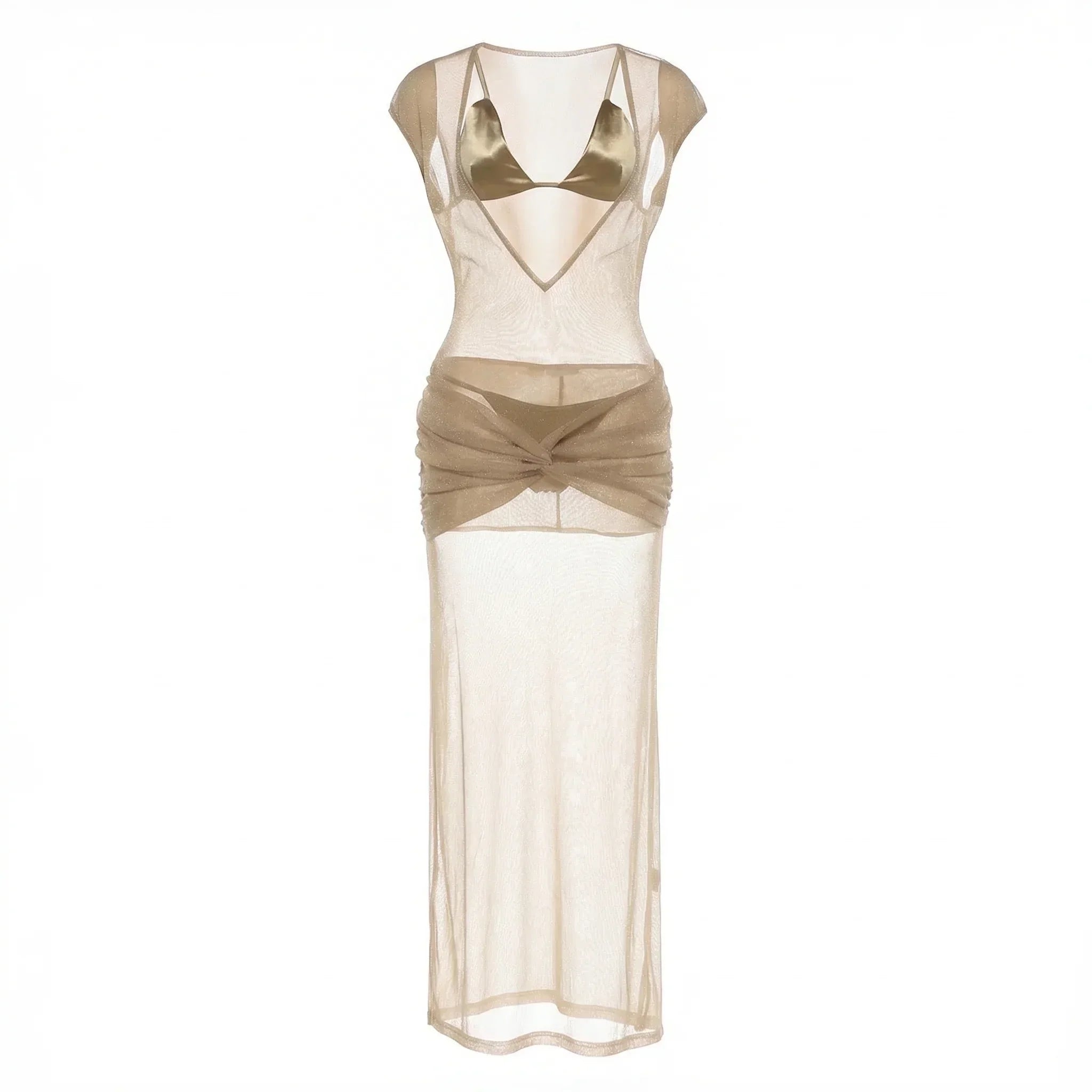 Beige evening gown with sheer overlay on a white background