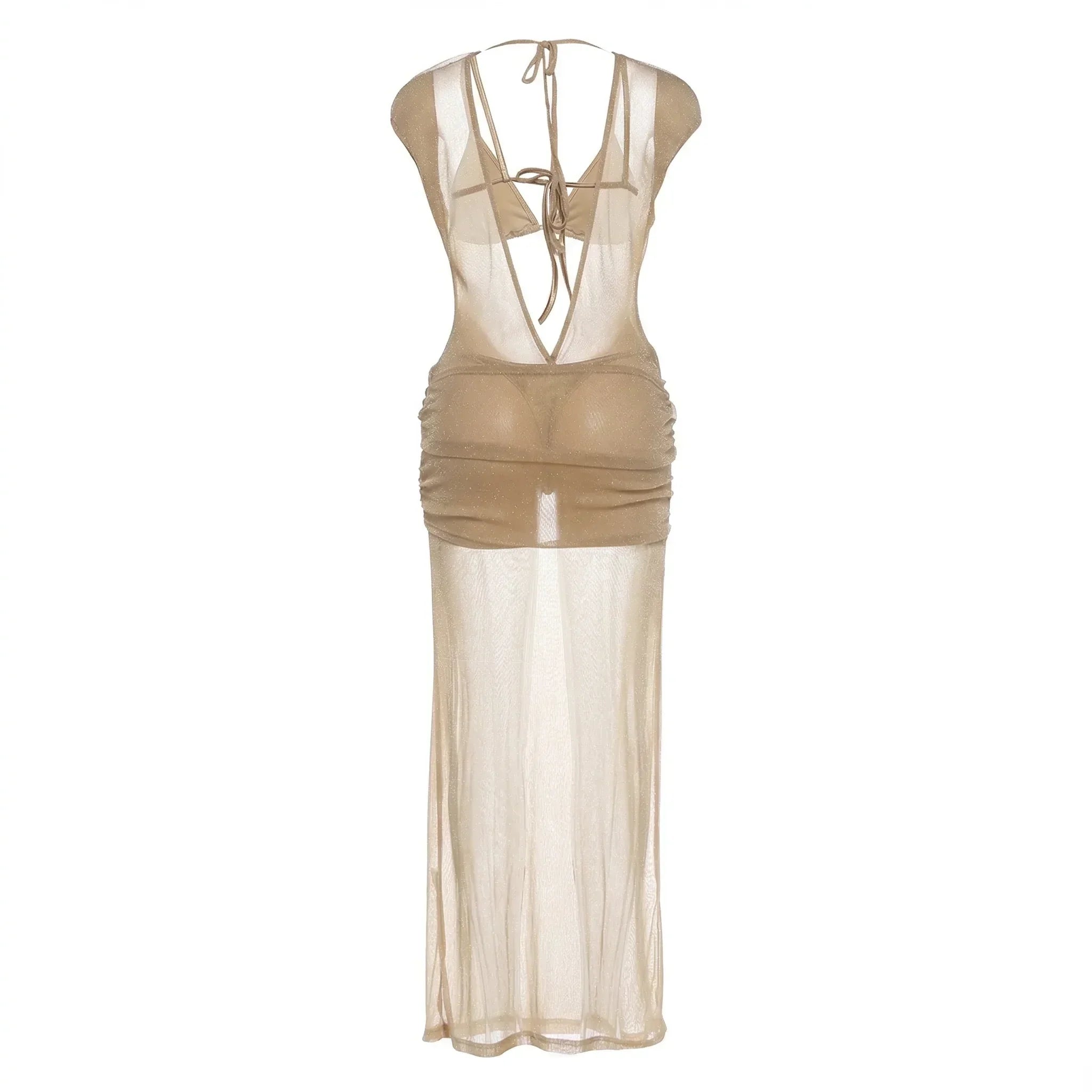 Beige sheer dress with lace-up front on a white background