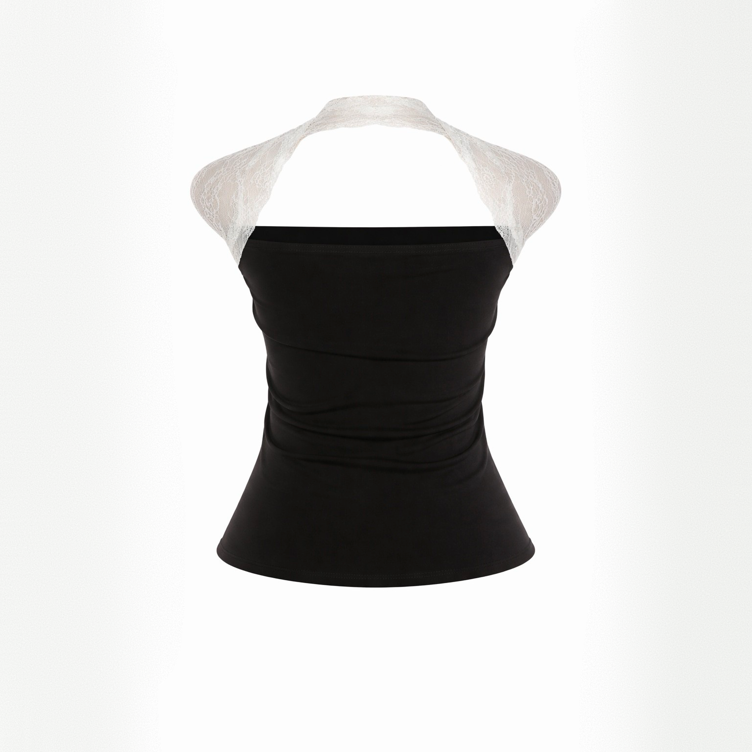 Black halter top with white lace straps on a white background