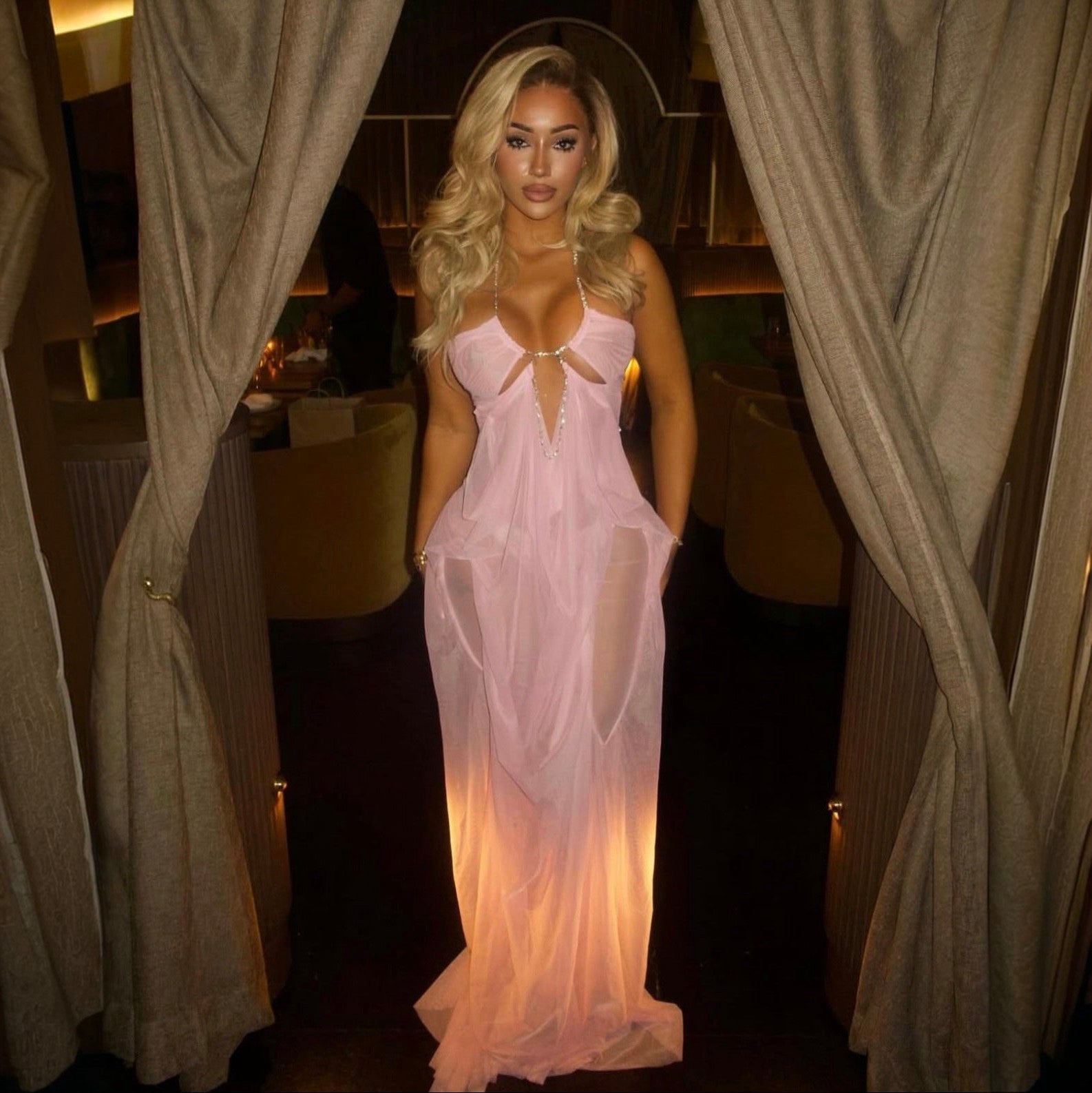 sheer dress selfie Coral Cascade Sheer Draped Pink Maxi Dress
