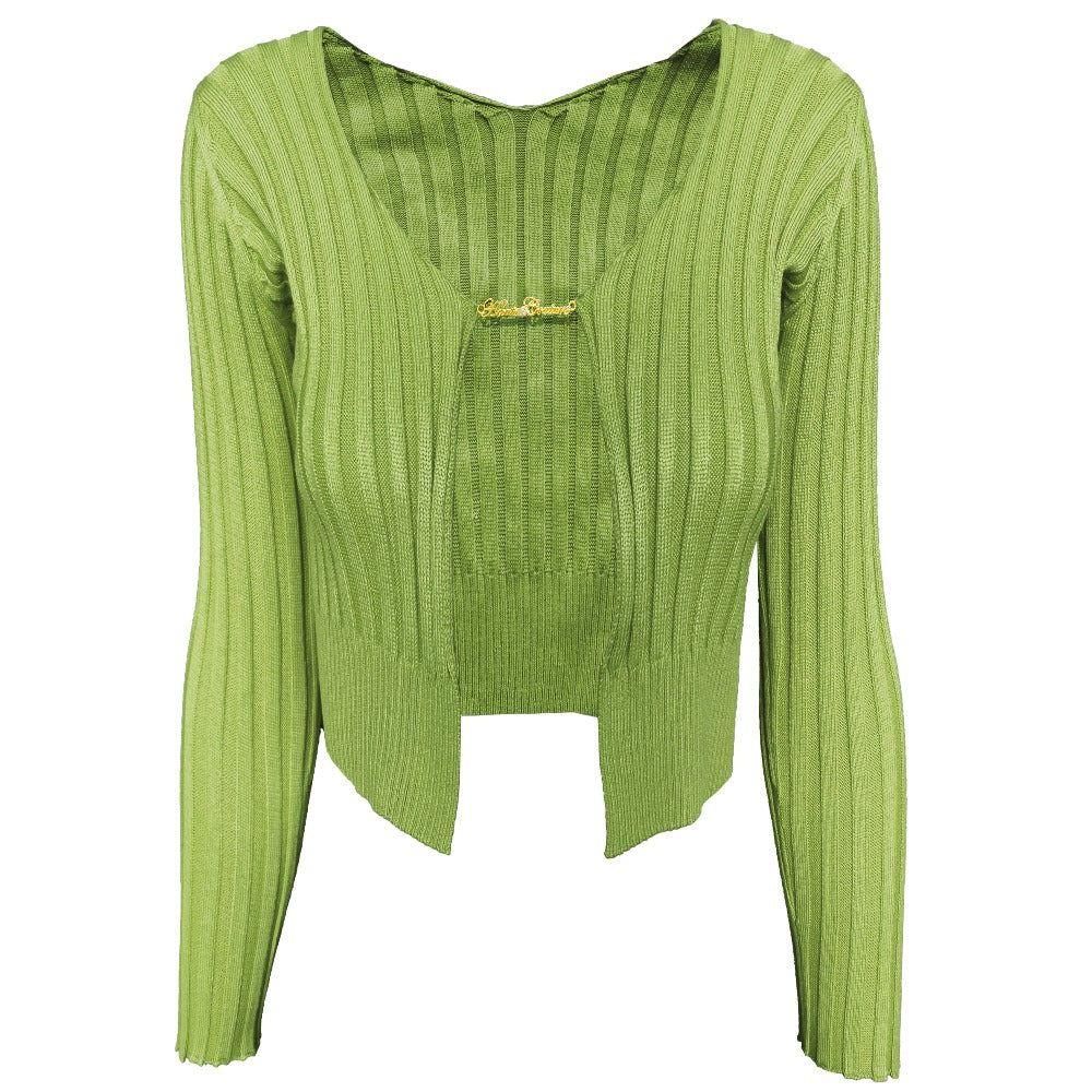 Green ribbed sweater with a brand logo on a white background