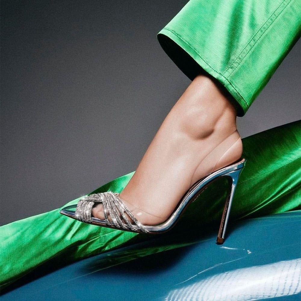 crystal embellished heels with green pointed toe, glamorous style