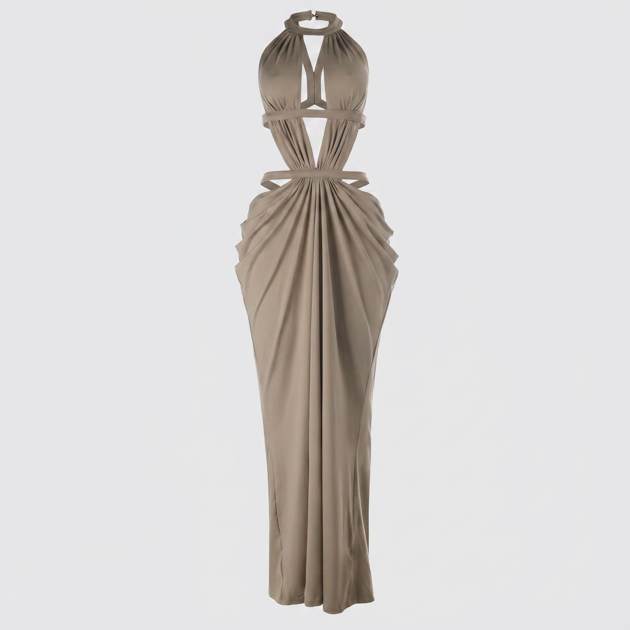 Beige evening gown on a light gray background