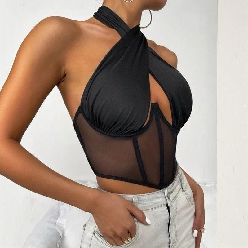 mesh and satin halter top, party outfit