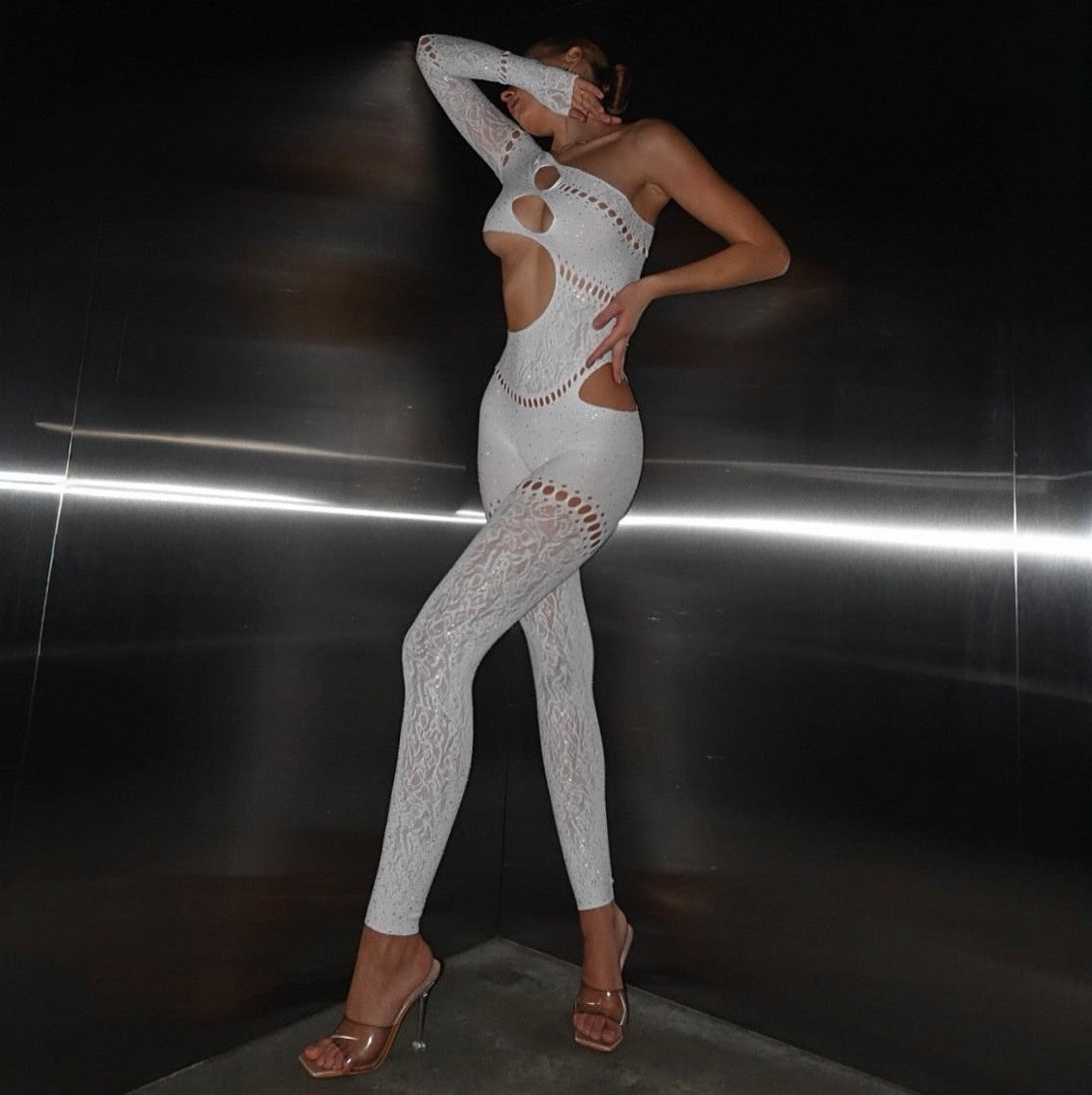 Bad Girl Rhinestone Embellished White Jumpsuit