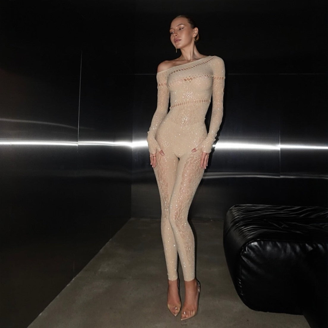 Perfectly Imperfect Rhinestone Embellished Nude Jumpsuit