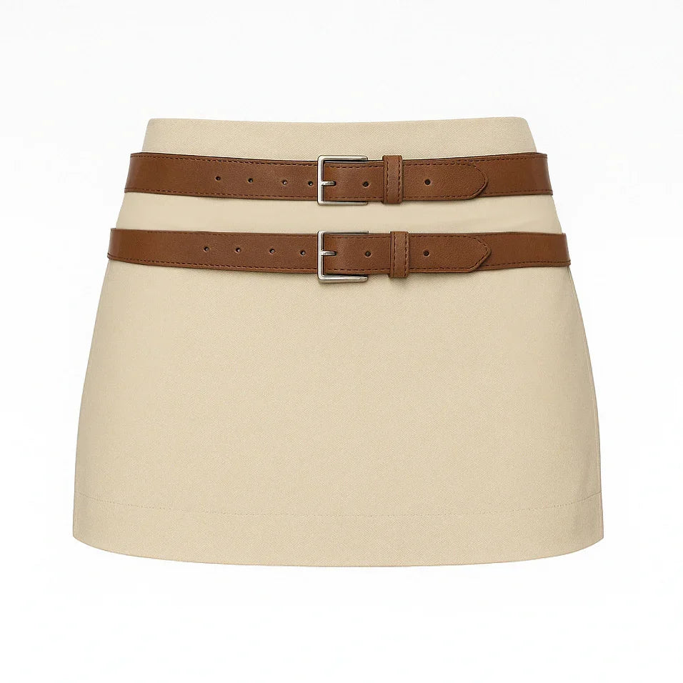 beige mini skirt with double belt detail, versatile chic style