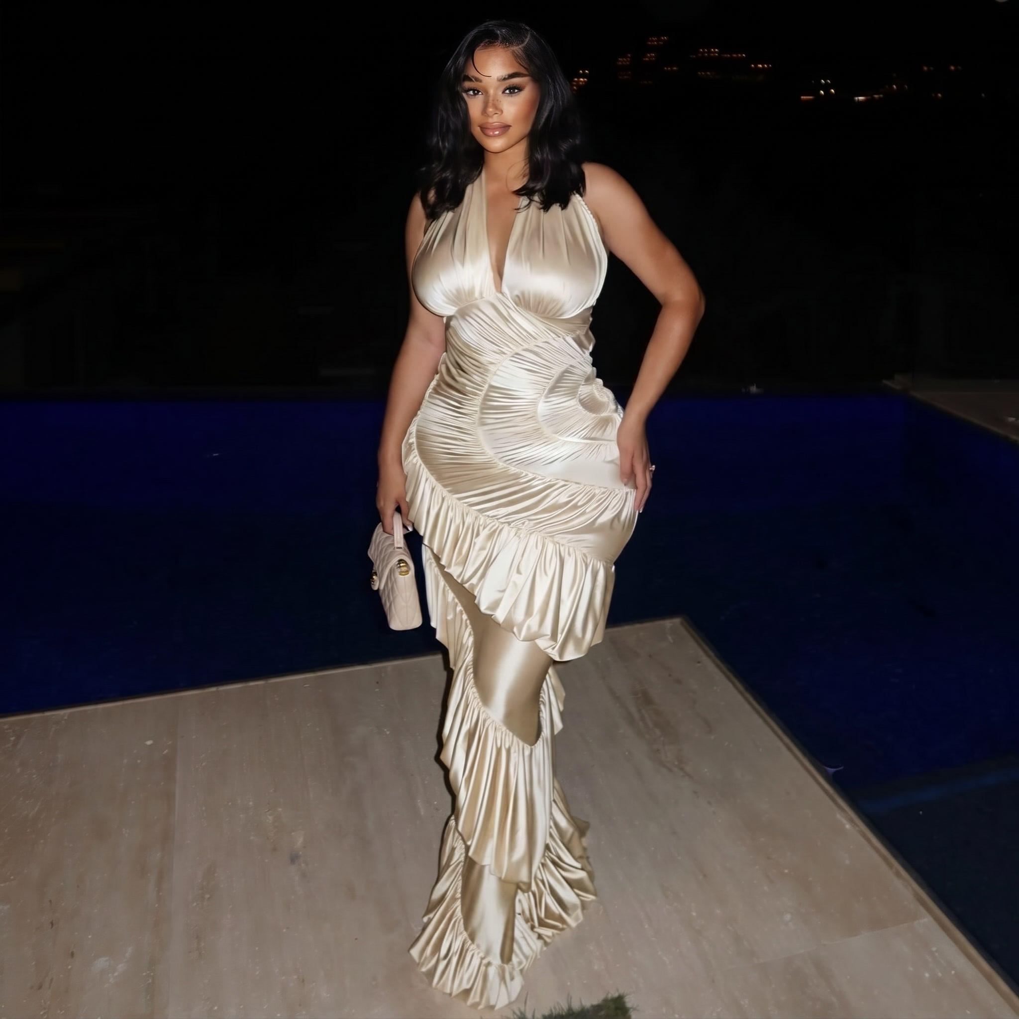 Woman in a gold dress standing by a pool at night