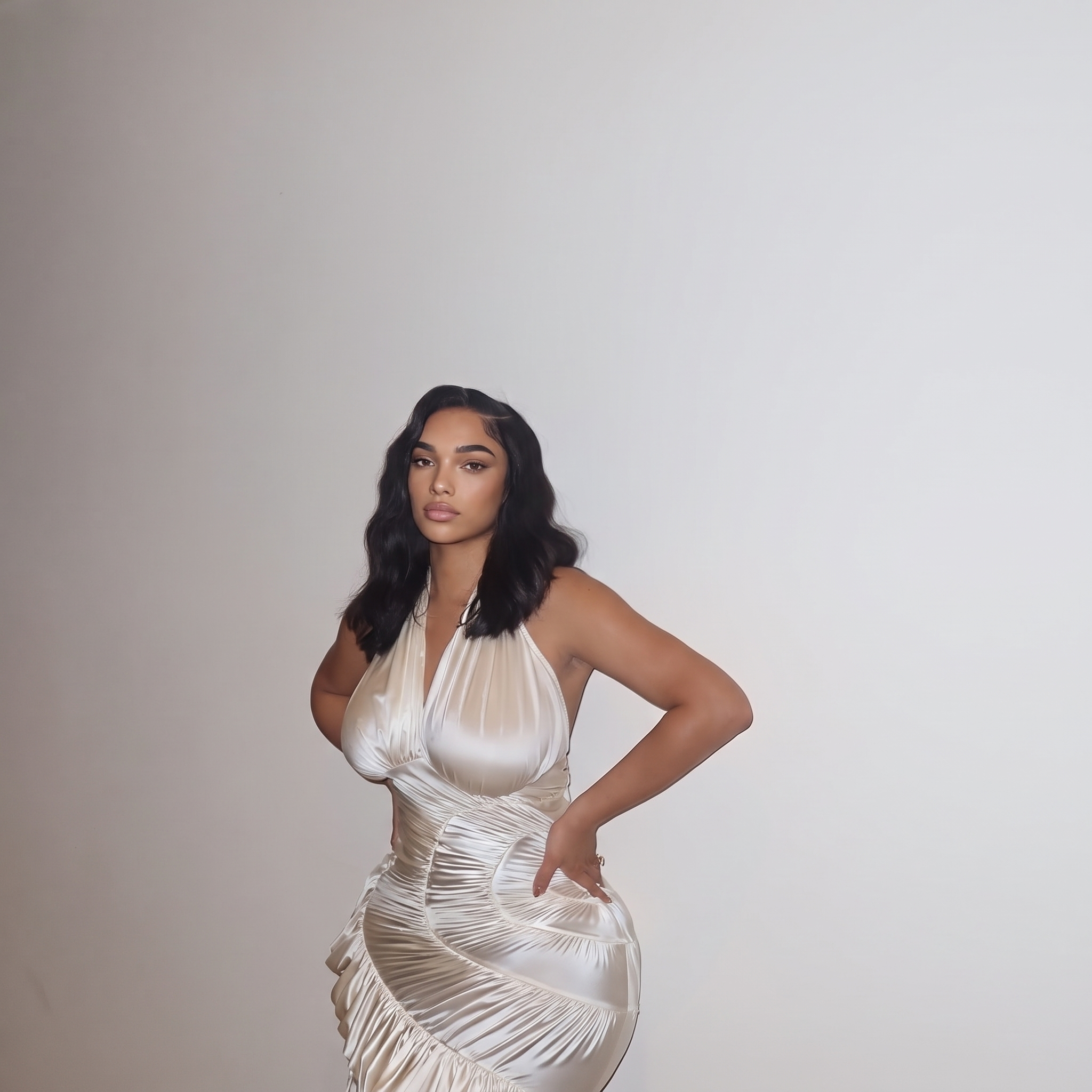 A woman posing in a shimmering champagne halter-neck wrap dress against a plain light gray studio background.