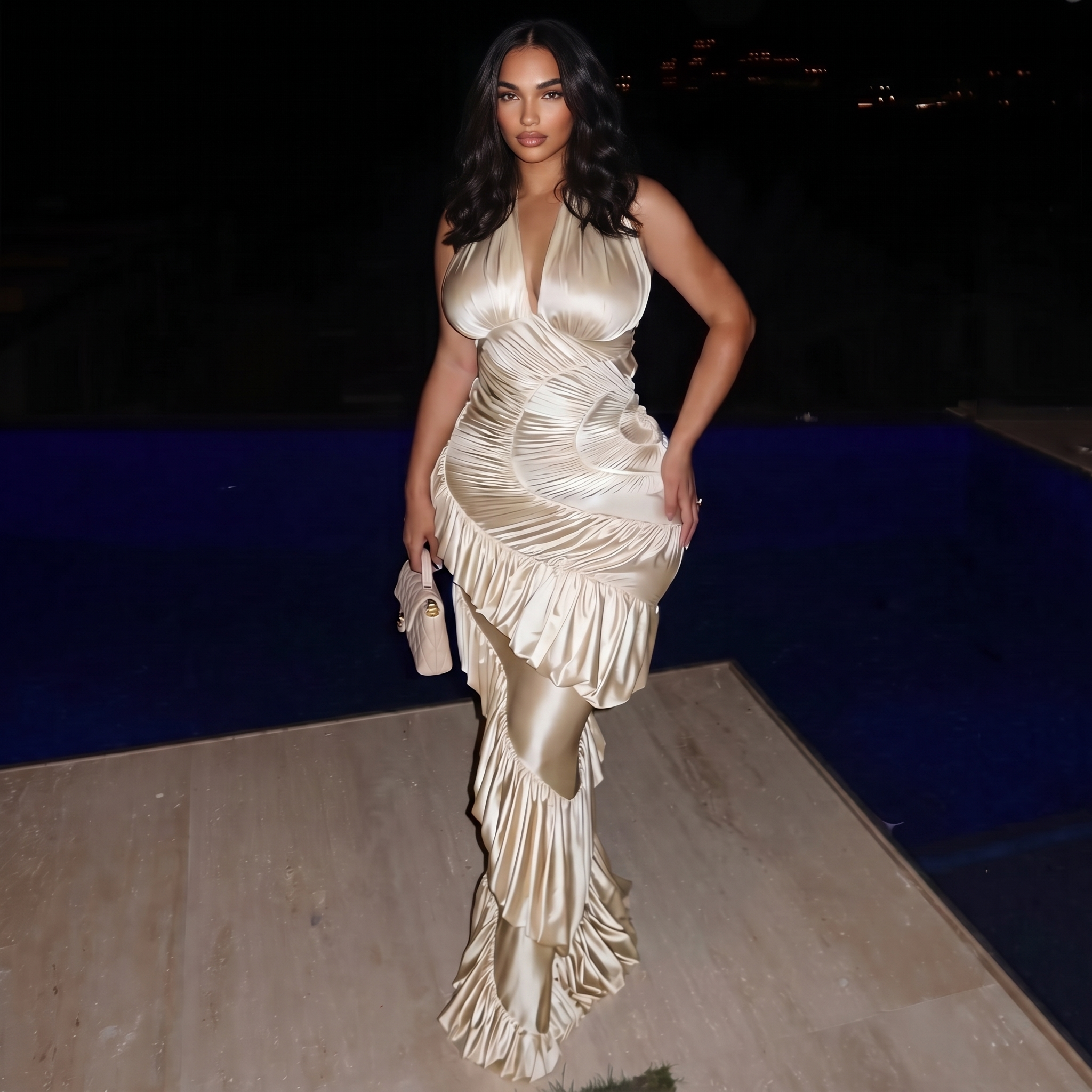 A woman wearing a champagne gold satin halter gown with dramatic ruffles and a deep plunging neckline, standing on a wooden deck next to a blue pool at night.