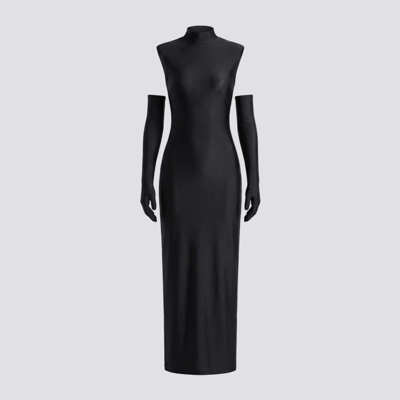 Black body-skimming maxi dress with high neck and thigh-high slit, three-quarter view with gloves