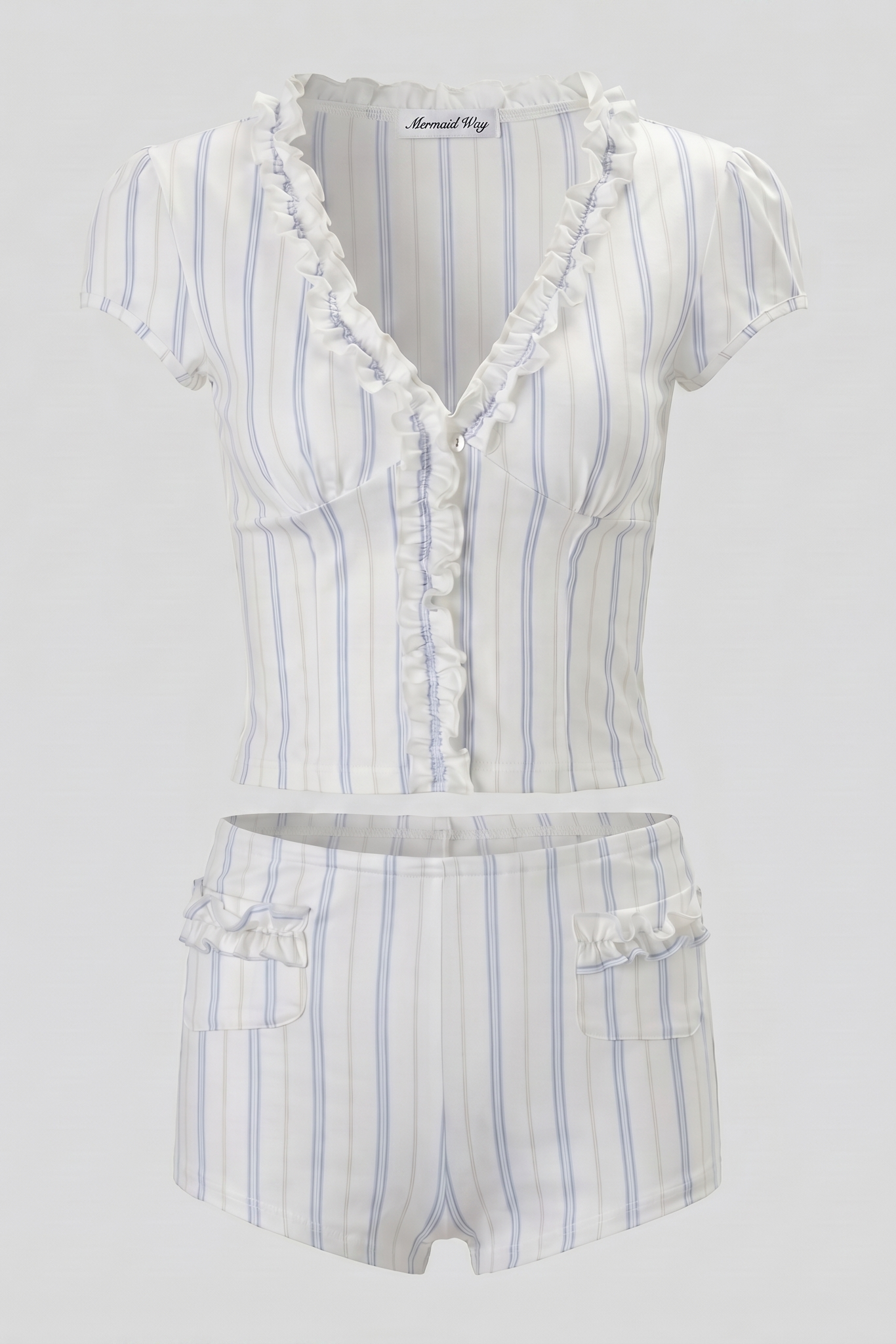 Malone blue striped two piece set, full-length editorial shot
