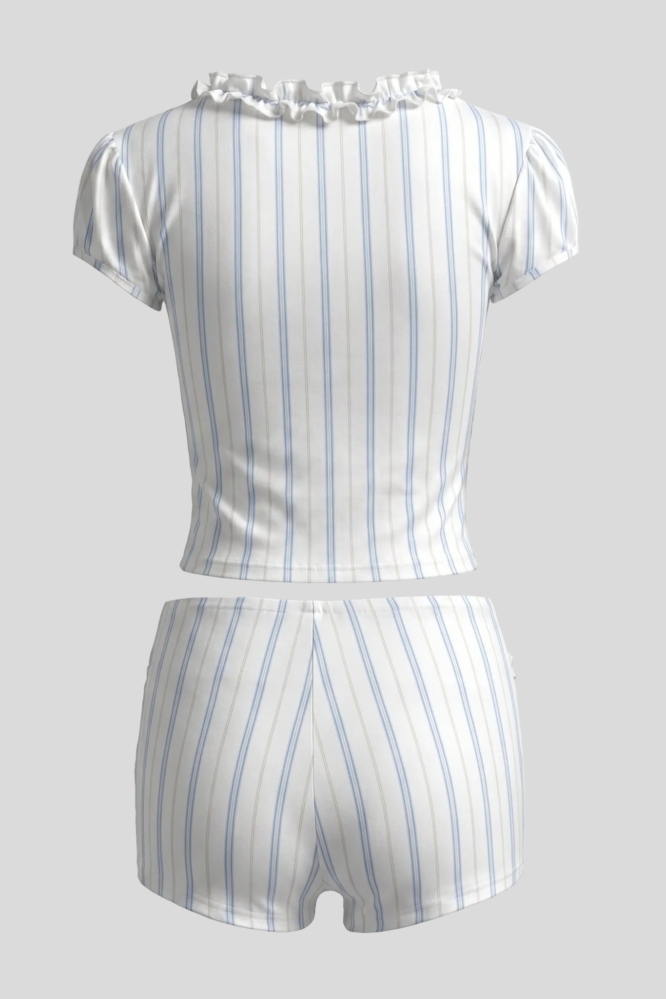Model wearing blue striped ruffle top and shorts, vintage-inspired styling