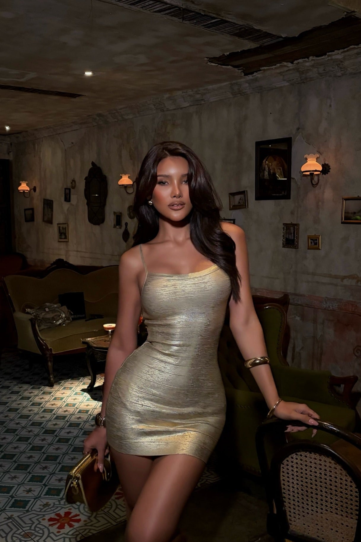 On Her Level gold bandage dress, evening photo with metallic shine