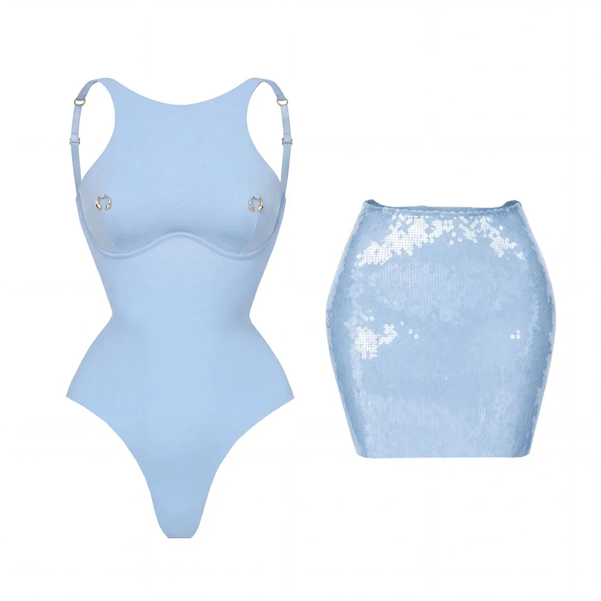 Light blue bodysuit with sequin skirt on a white background