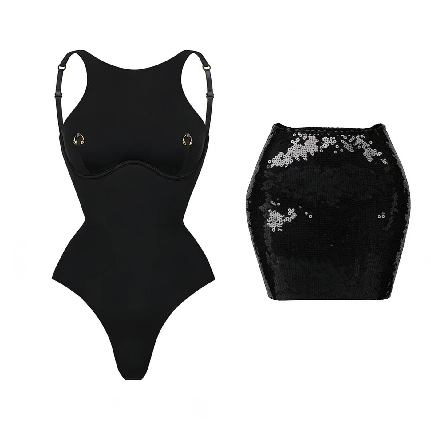 Black bodysuit with gold straps and a black sequin skirt on a white background