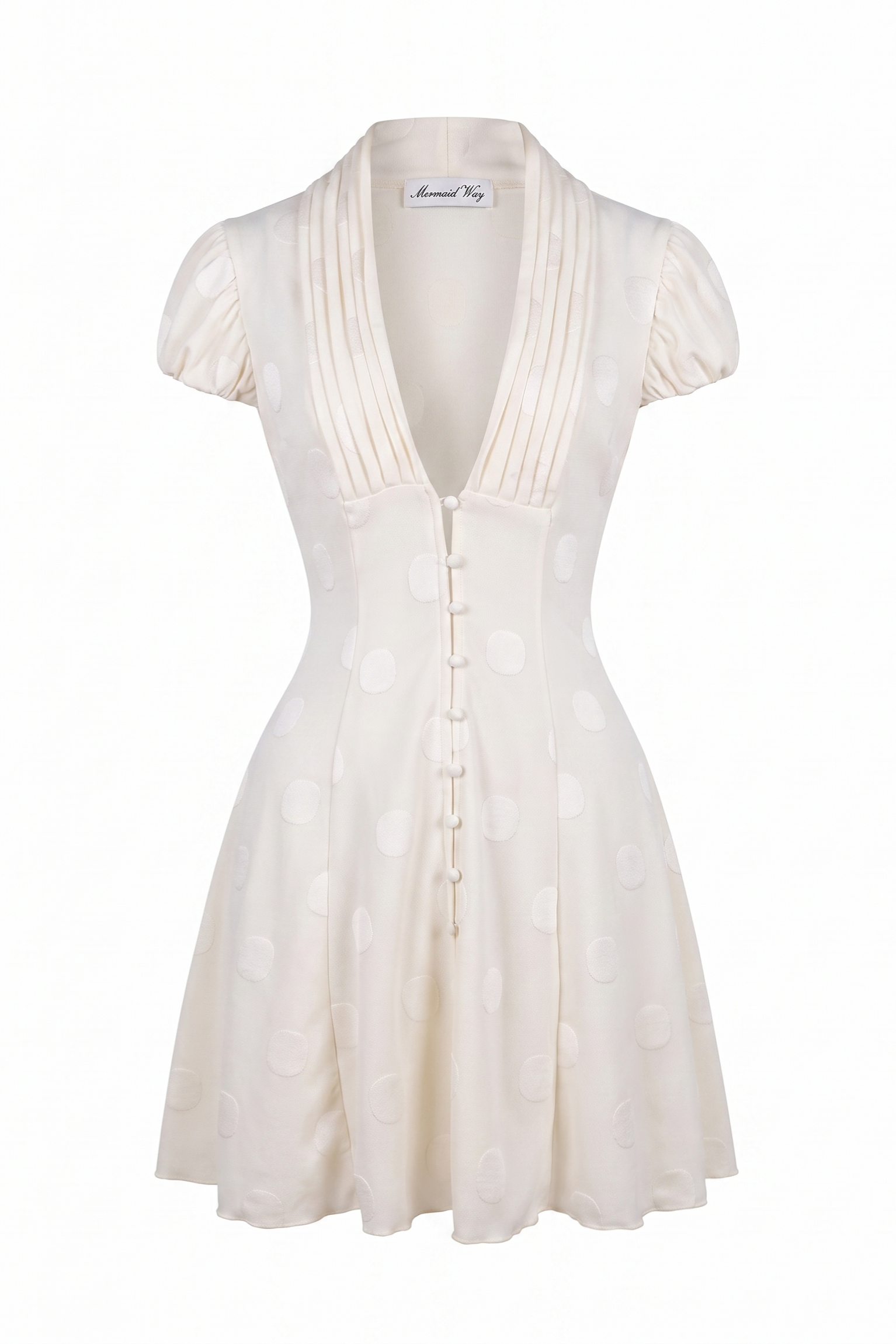 An off-white short-sleeve mini dress with a deep V-neckline, pleated detailing on the bodice, and a button-down front, shown against a plain white background.