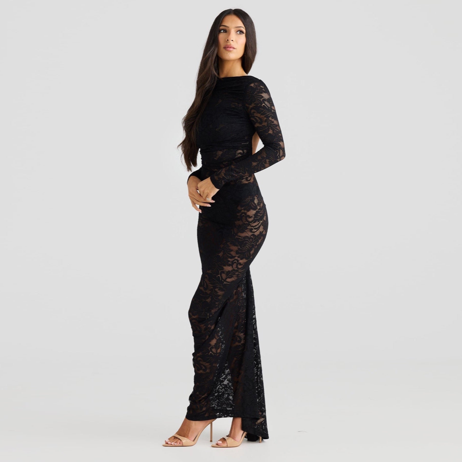 Stella Lace Backless Sculpting Ruched Black Maxi Dress