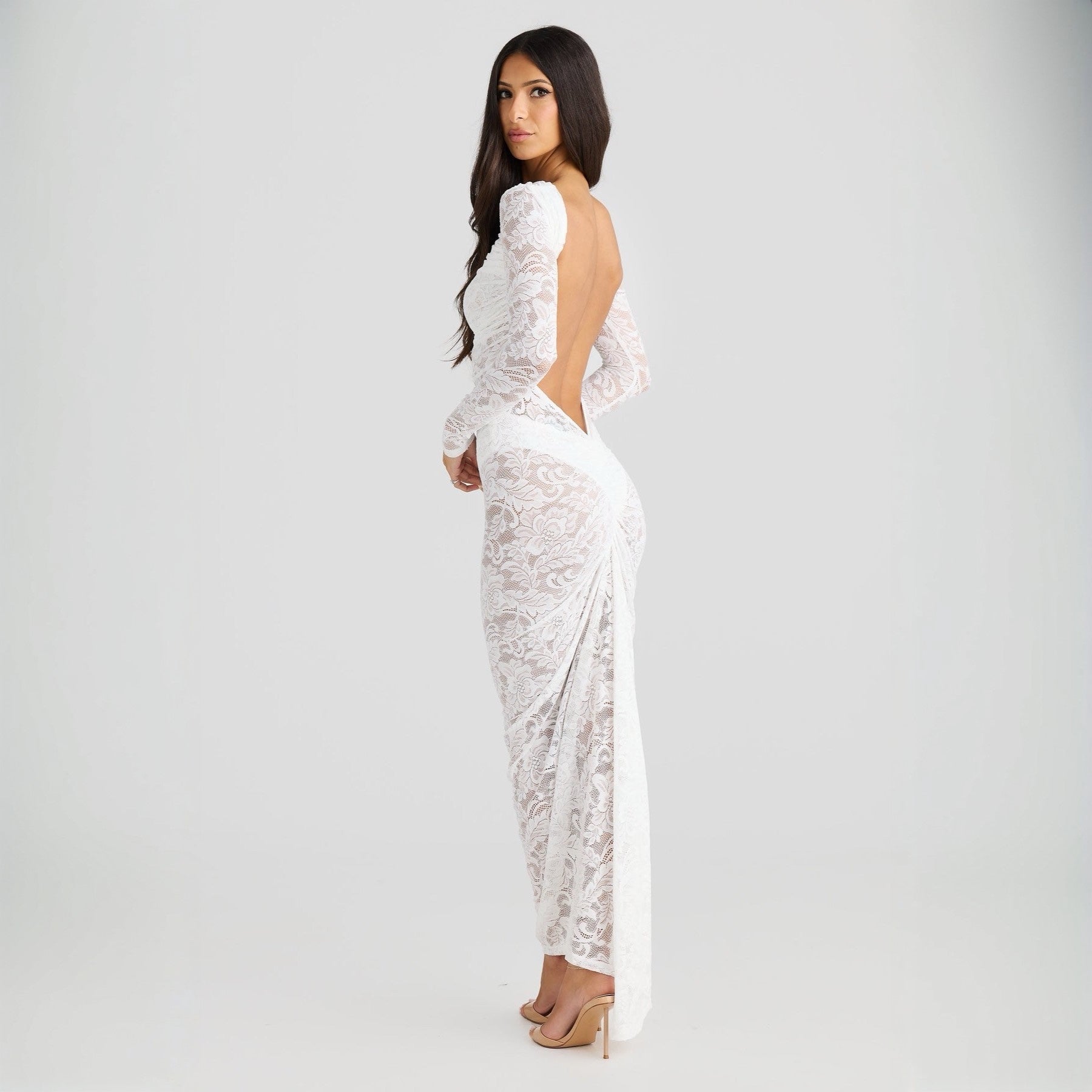 Stella Lace Backless Sculpting Ruched White Maxi Dress