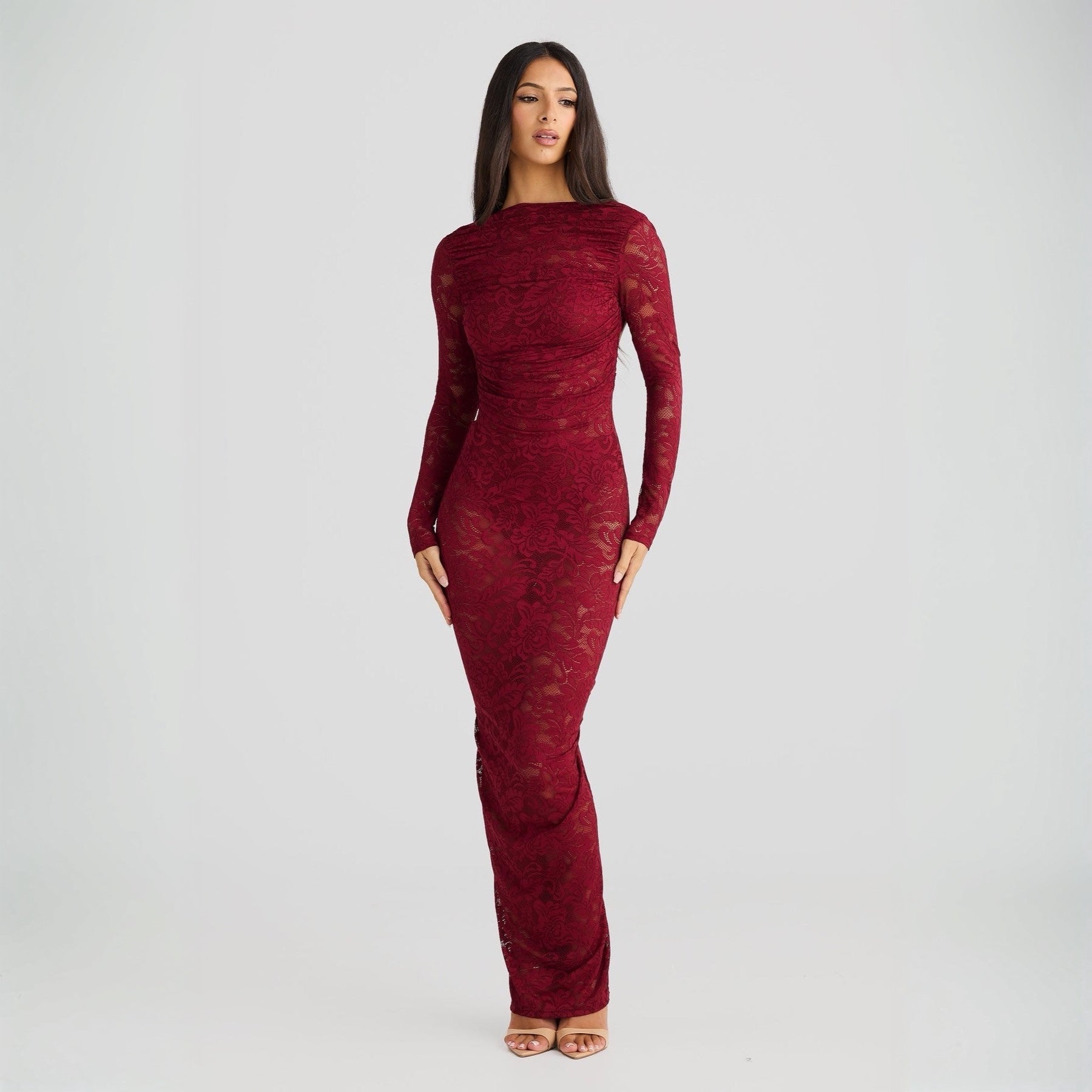 burgundy ruched maxi dress Marilou Burgundy Ruched Satin Maxi Dress