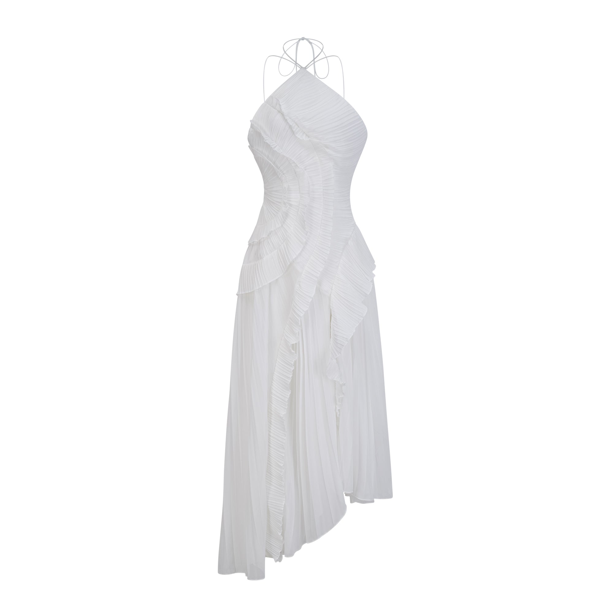 Pink halter neck dress with ruffled layers on a white background