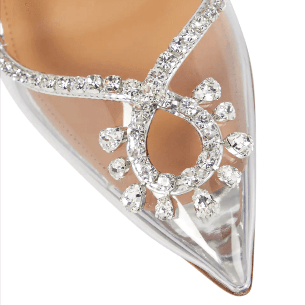 Close-up of a shoe with crystal embellishments on a white background