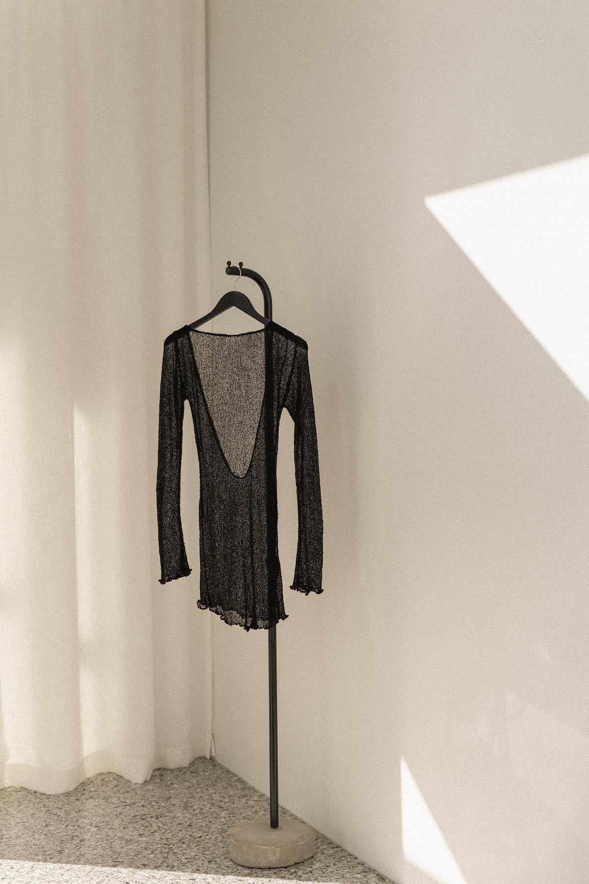 Black textured knit beach cover-up mini dress, open back