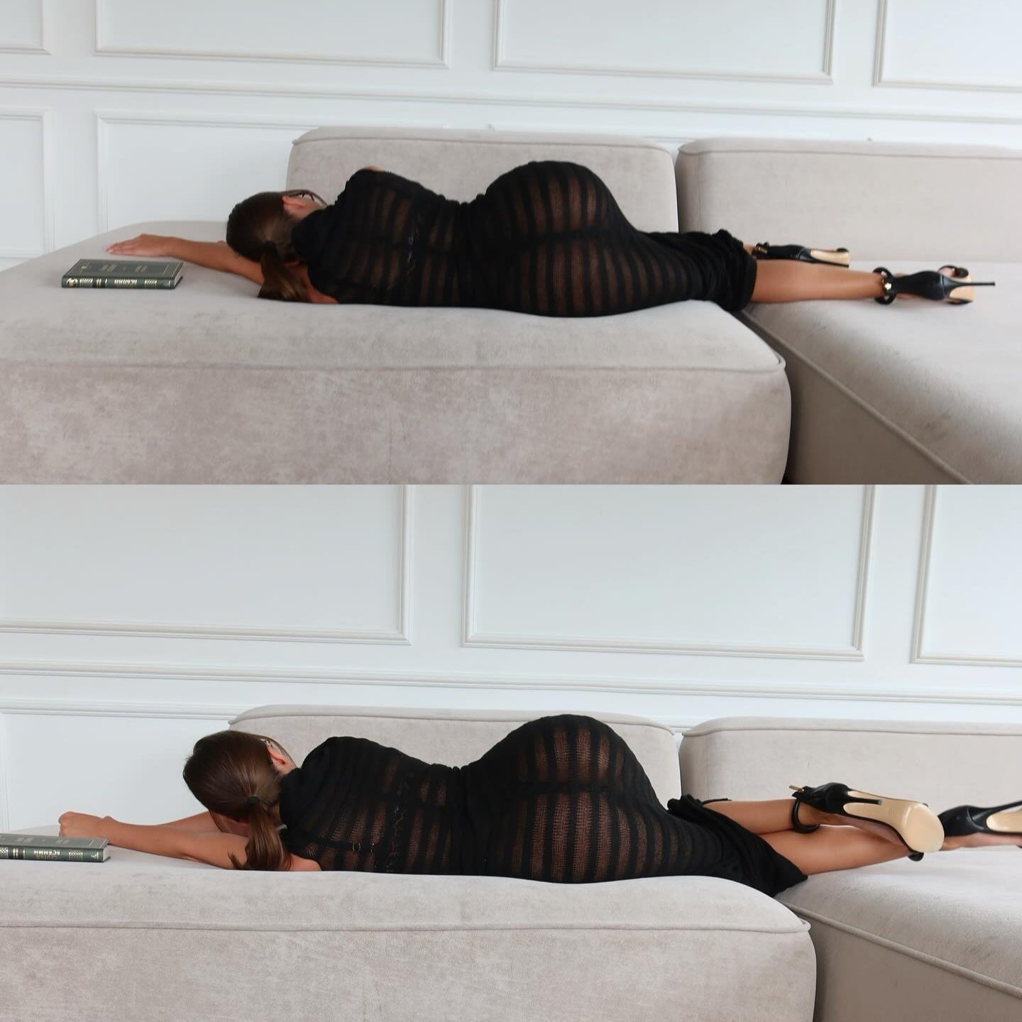 Woman in a black dress lying on a beige sofa with a white wall background