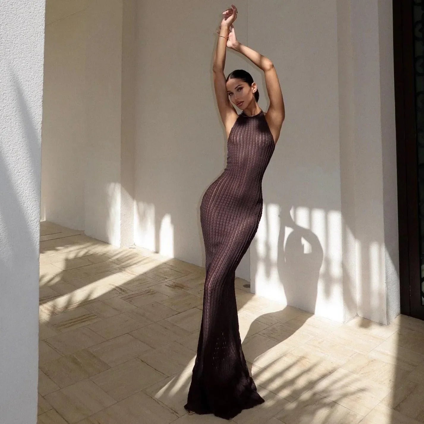 knit bodycon maxi dress with a halter neckline, evening wear