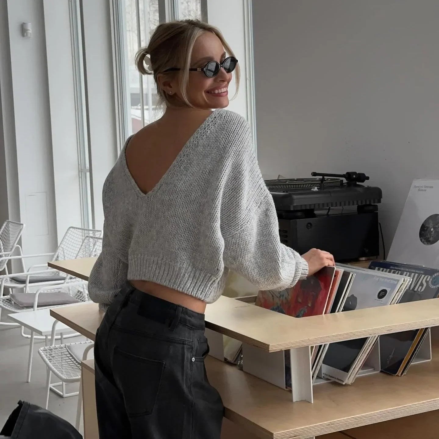 knitted V-back crop sweater with relaxed fit