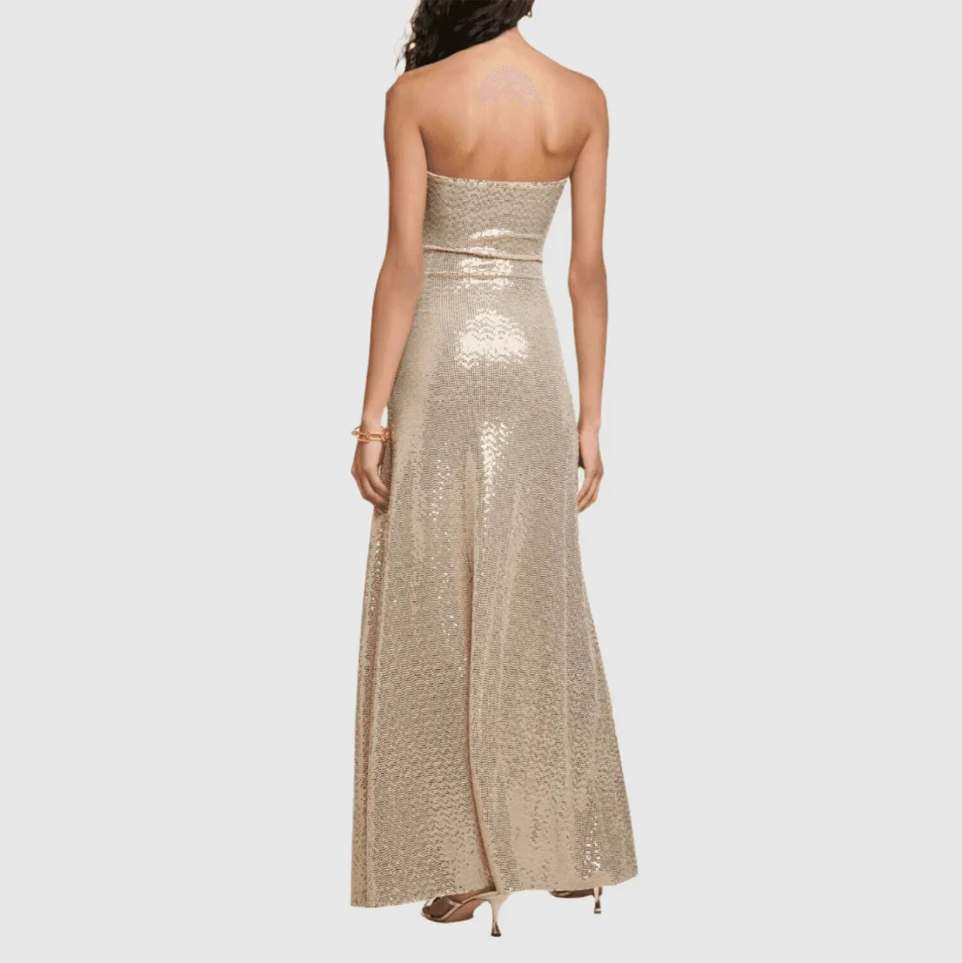 strapless sequined maxi dress with slit, evening wear