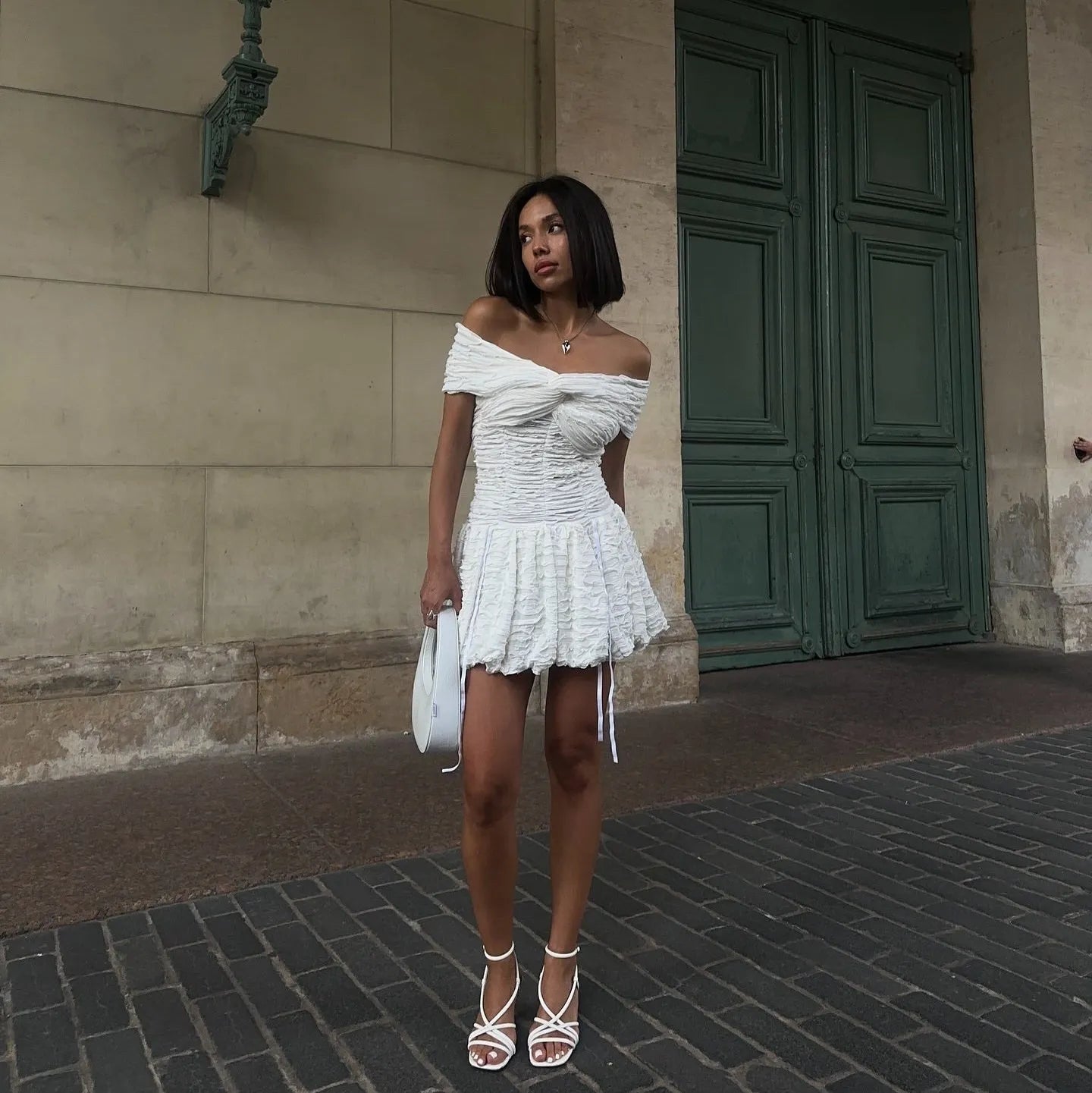 off-shoulder ruched mini dress with flared skirt, evening look
