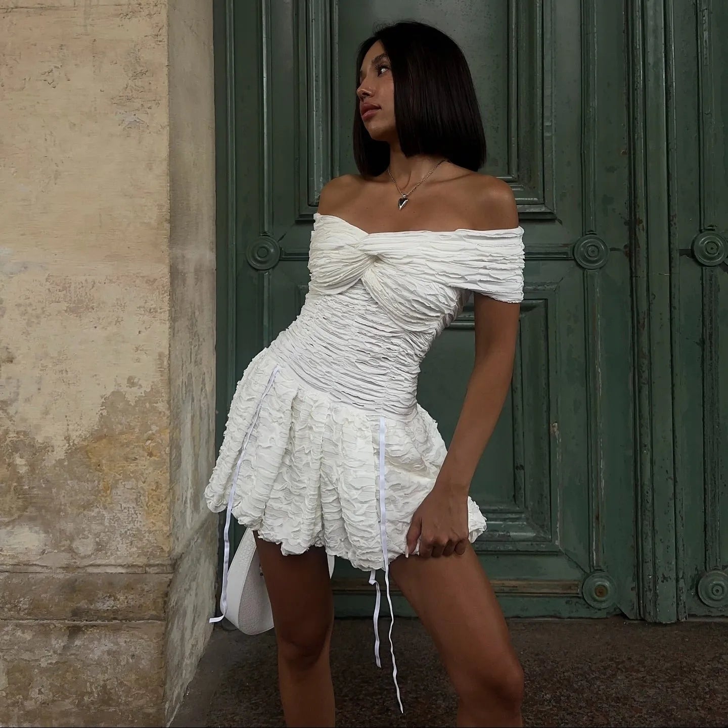 off-shoulder ruched mini dress, evening look