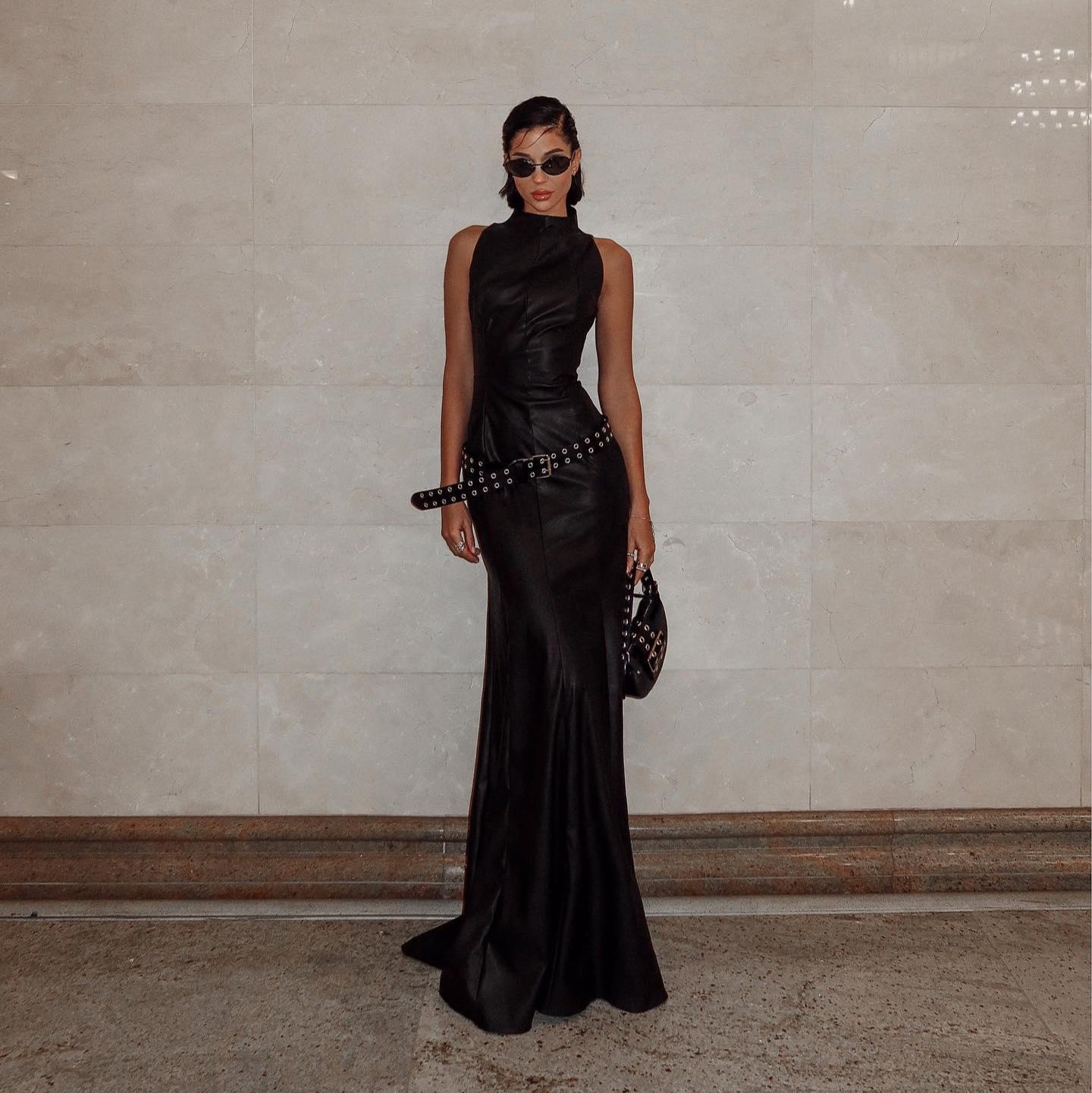 leather maxi dress with studded belt, evening look