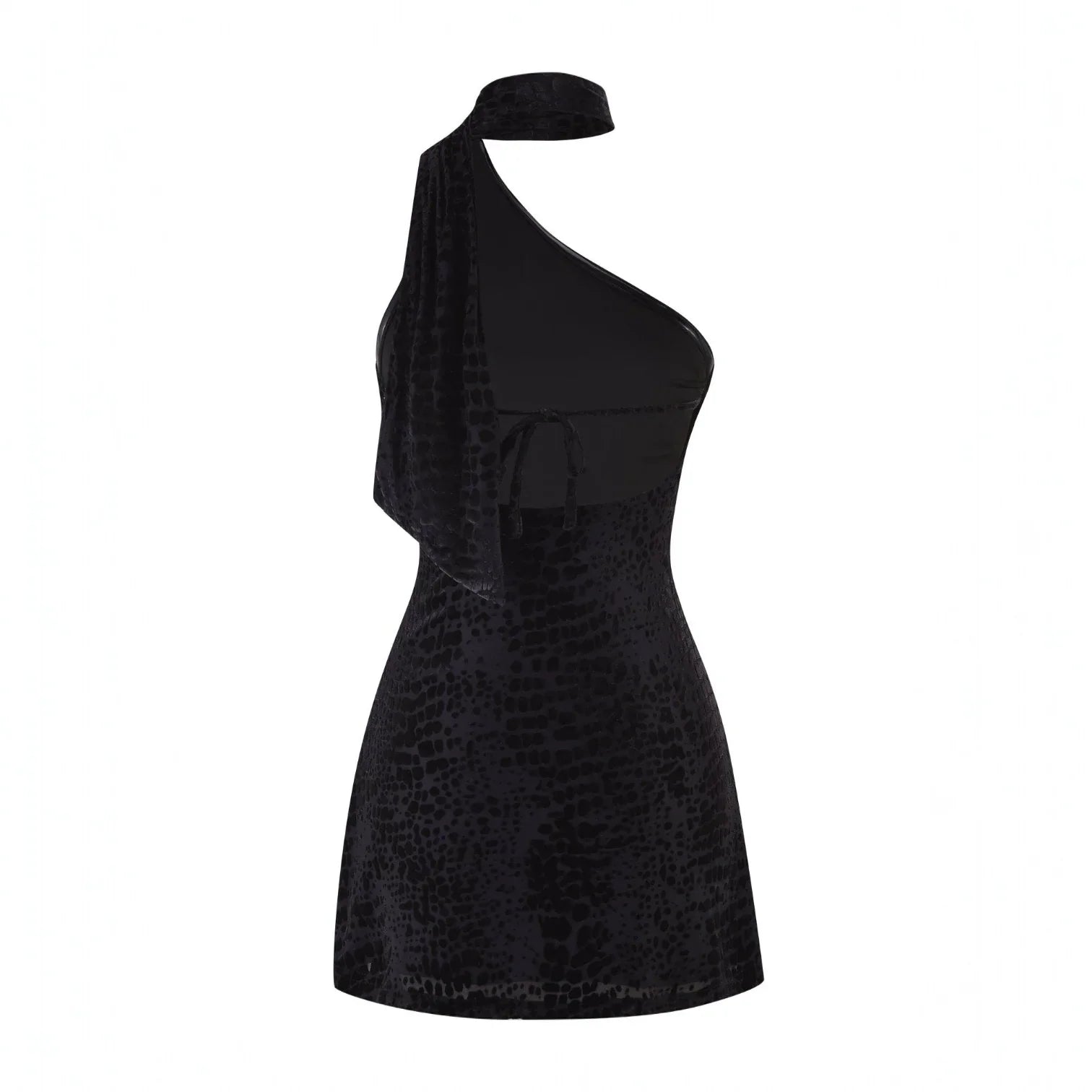 one-shoulder mini dress with textured pattern, party outfit