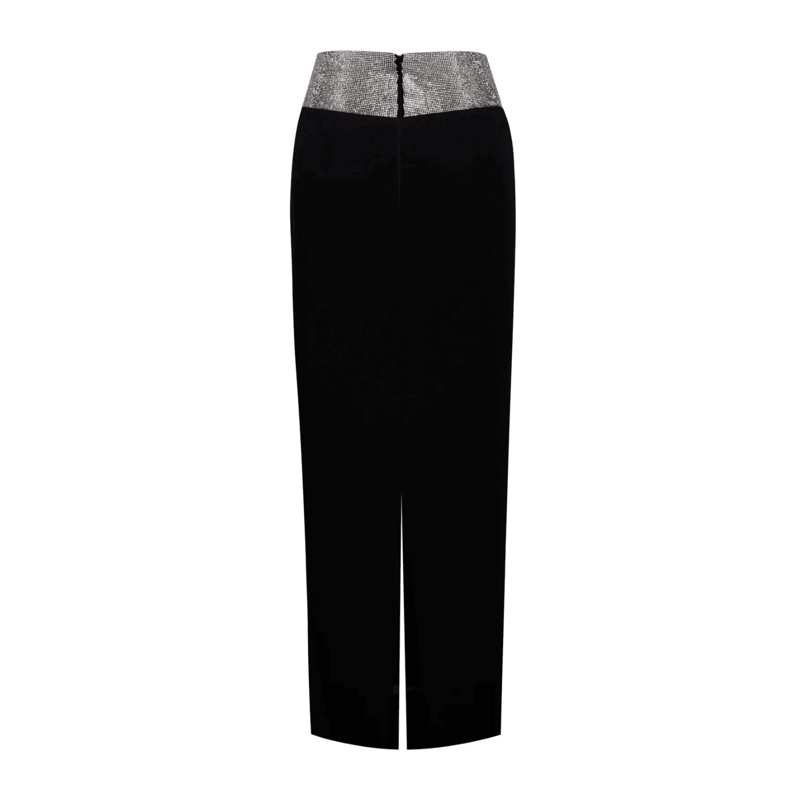 black skirt with sequin waistband and back slit, evening look
