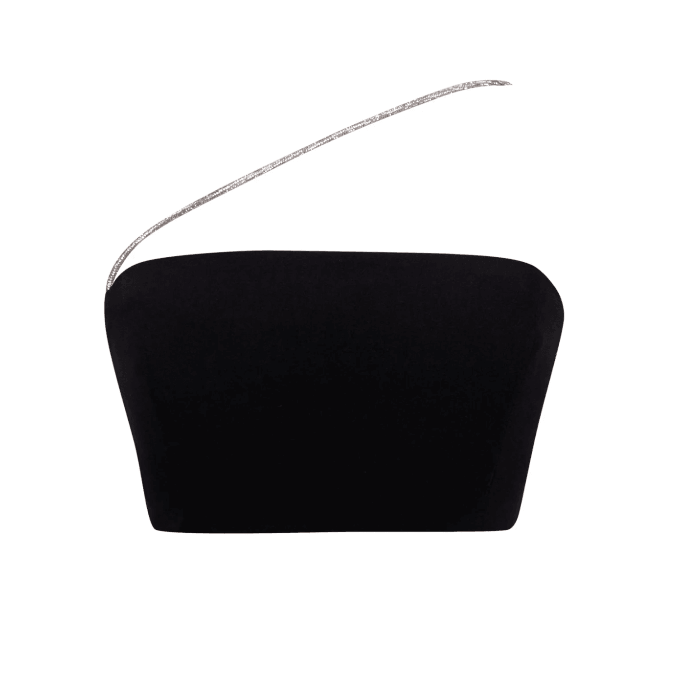black one-shoulder top with rhinestone strap, party look