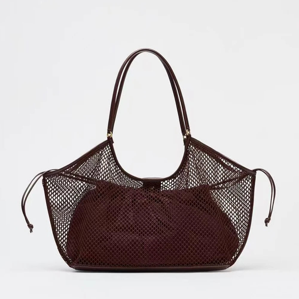 mesh tote bag with leather handles, casual accessory