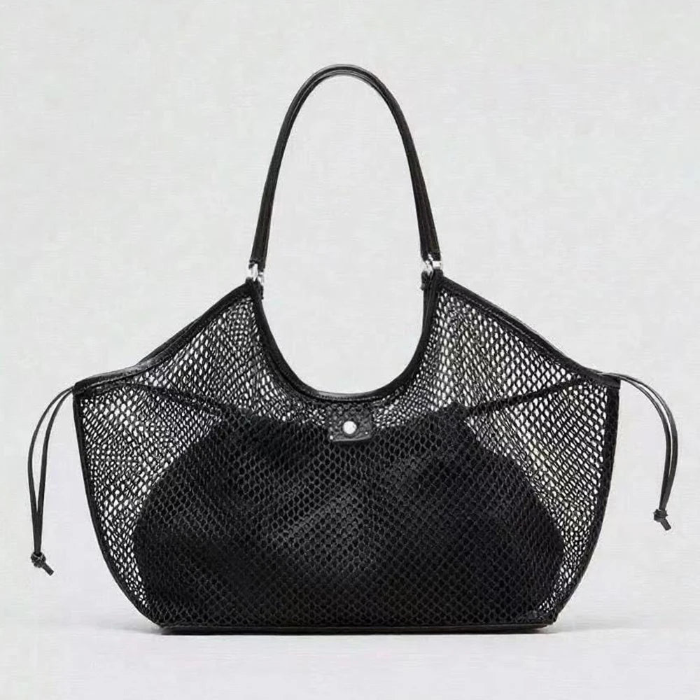 black mesh tote bag with leather handles