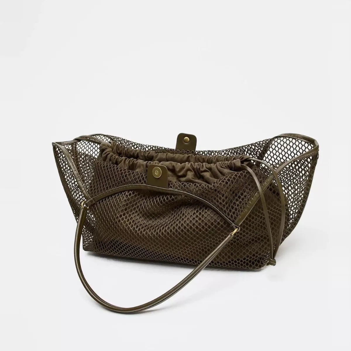 mesh brown handbag with drawstring closure