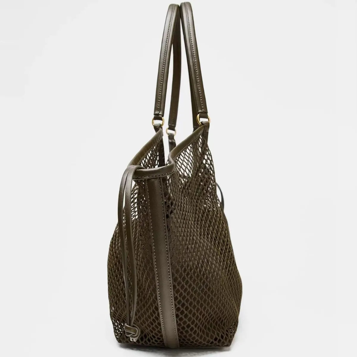 mesh tote bag with leather straps