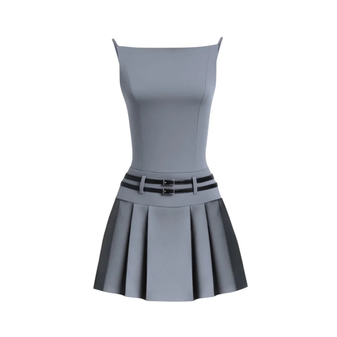 pleated mini dress with square neckline and belt detail