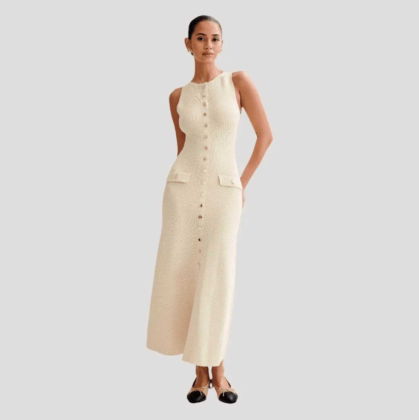 knit button-down midi dress with pockets