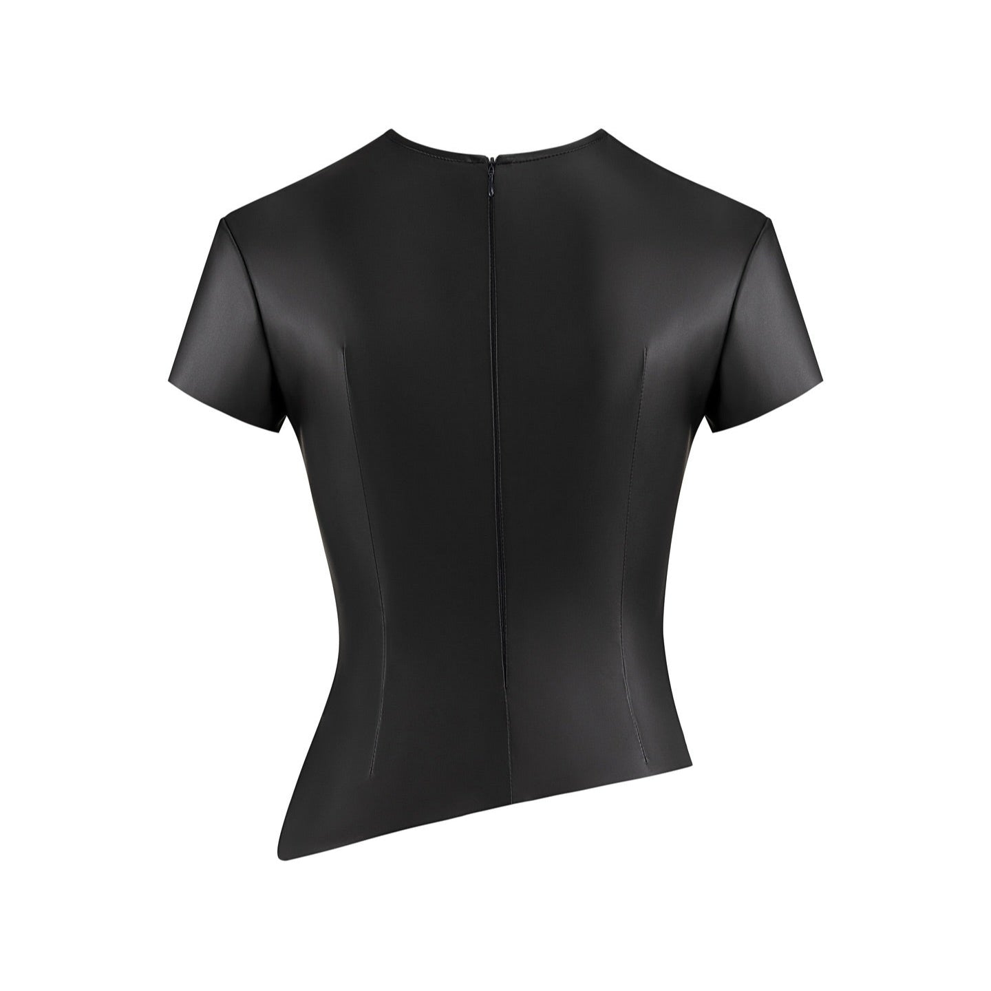 black short-sleeve top with back zipper, sleek style